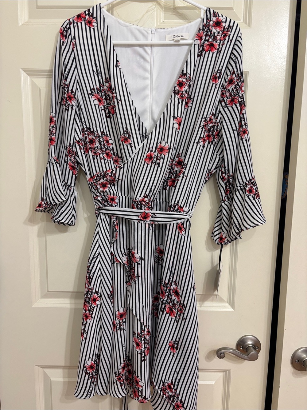 Takara Black-and-White Striped Wrap Dress with Pink Floral